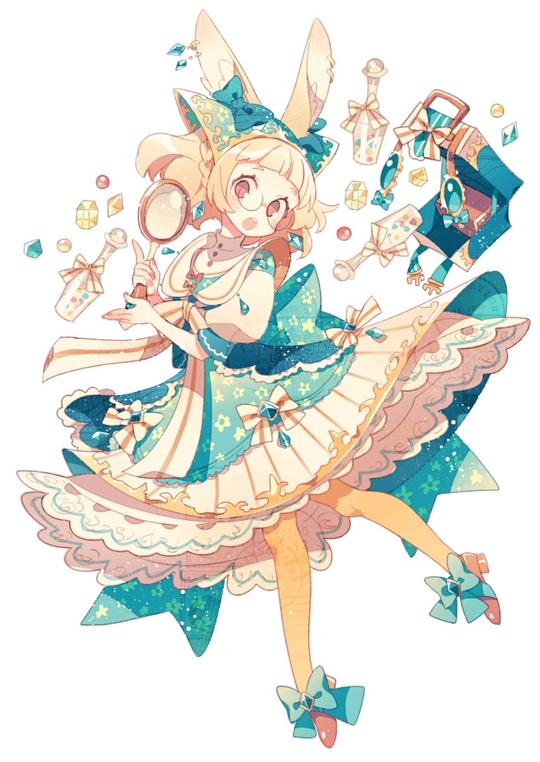 二次元插画清新华丽唯美可爱意境兽耳洛丽塔洋装人设素材