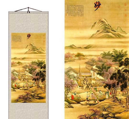 丝绸画国画卷轴画客厅挂画人物画精品装饰壁画产品,图片仅供参考