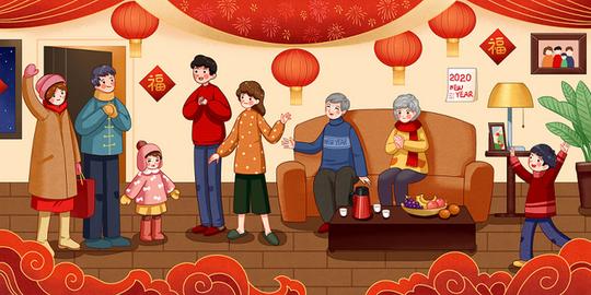 全家福元旦元宵节插画鼠年插画新年插画节日卡通手绘新年春节习俗拜年团圆原创设计素材