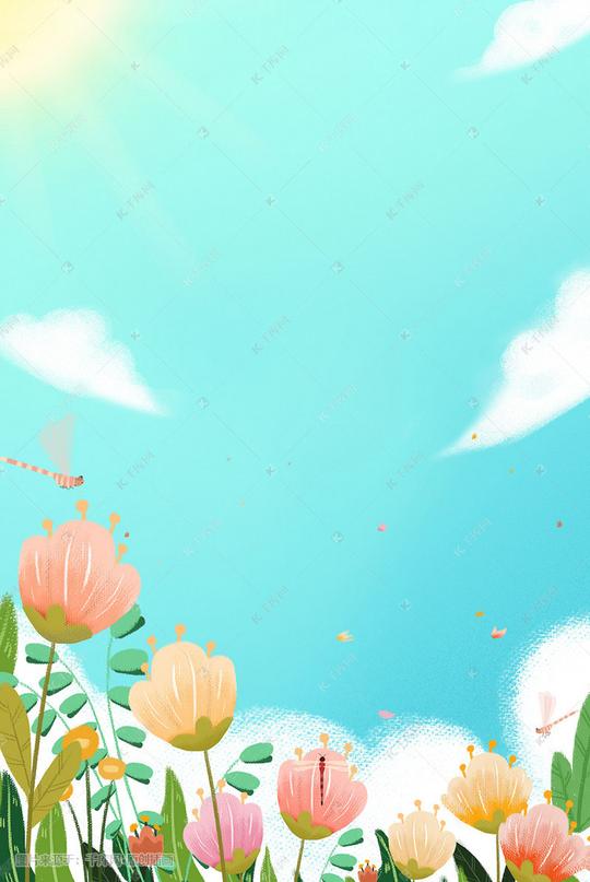 你好五月夏日晴空野花飞舞清新插画