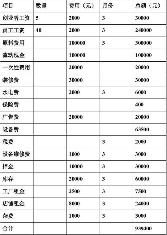 创业投资预算表
