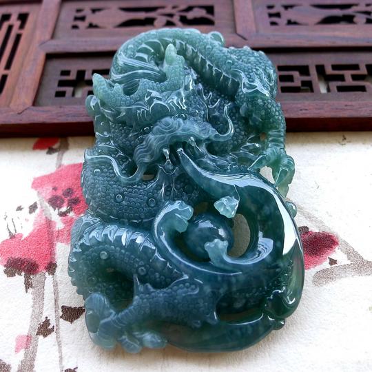 缅甸天然翡翠a货蓝水龙牌挂件生肖龙吊坠龙腾四海生意兴隆玉石