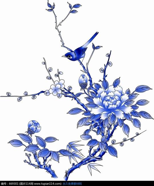 花枝上的鸟工笔画psd素材