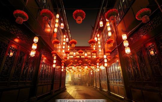 过年街巷灯笼过年图片灯火小镇新年素材喜庆春节除夕夜