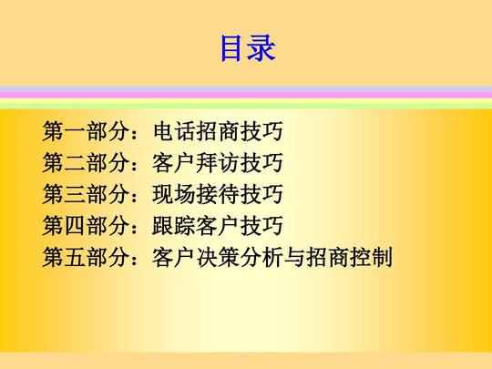 营销专业招商策略与技巧ppt话术培训,接待培训目录第一部分:电话