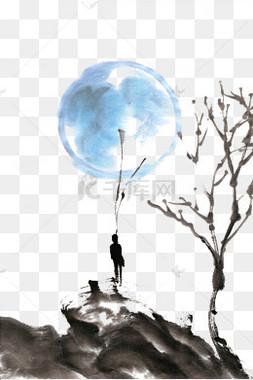 摘月亮水墨画png免抠素材