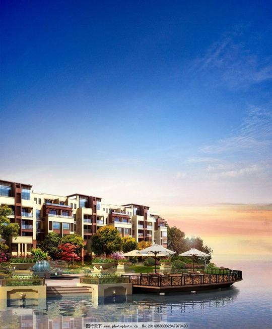 地产psd素材天空湖畔水洋房倒影源文件