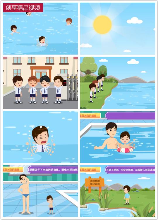 儿童安全教育夏天游泳预防溺水安全知识科普动画宣传片二视频素材