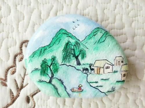 创意手绘石头画中国古风山水画小村庄礼物摆件把玩