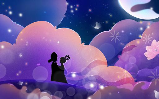 唯美浪漫蓝紫七夕情人节原创插画海报素材背景