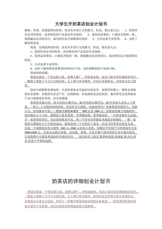 大学生开奶茶店创业计划书范文.doc