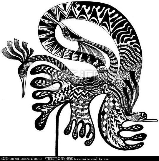 黑白画钢笔画素材人物版画抽象甲壳虫适合纹样脸谱饕餮麒麟龙火烈鸟