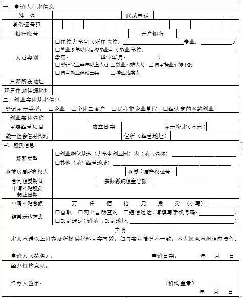 创业场地租金补贴申请表
