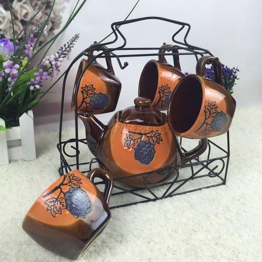 创意四杯壶带架绿叶草莓葡萄白点白色厂家直稍