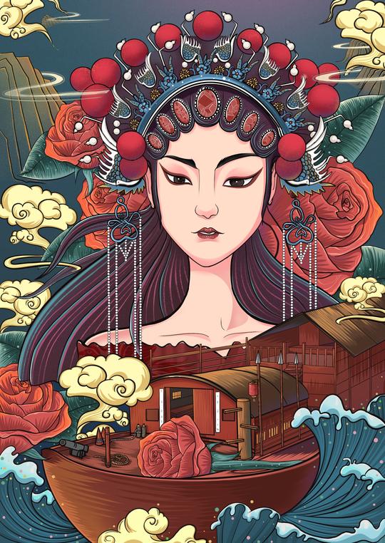 粤剧“六柱制”行当”—“粤伴香膏”包装插画作品