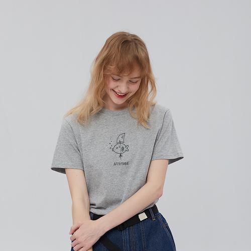 创意简约小鱼印花高级灰色麻灰色t恤女短袖宽松港风少女学生半袖
