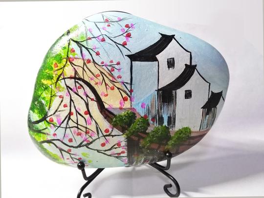 手绘防水不掉色石头画作品江南山水