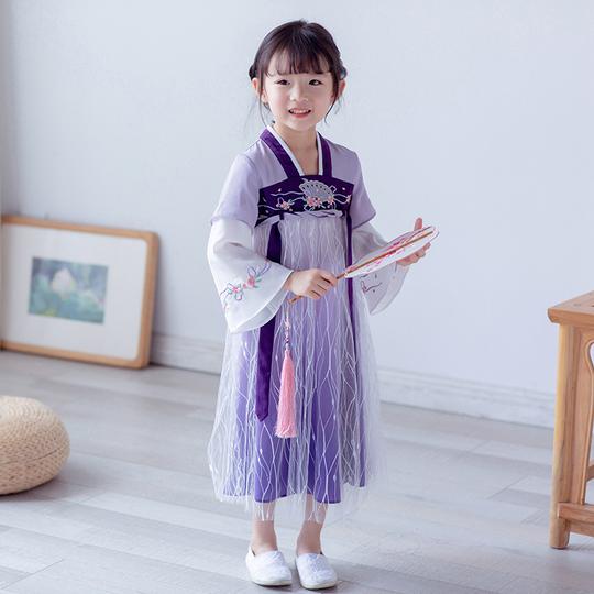 女童汉服连衣裙春秋装新品超仙中小童长款襦裙中国风古装裙子紫色