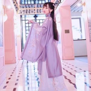 十三余小豆蔻儿汉服落簪绣花立领对襟长衫广袖秋齐腰纱裙紫色仙