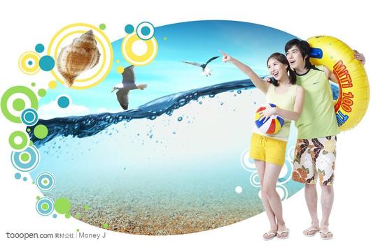 海边情侣和夏日海洋背景边框素材