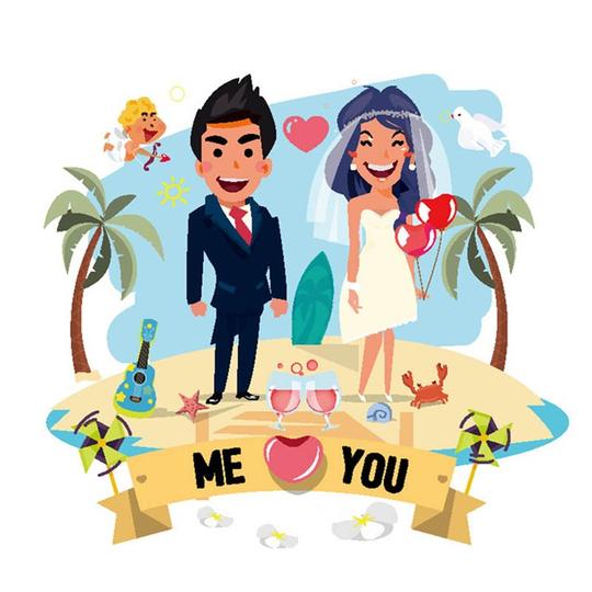 卡通沙滩上的婚礼新人矢量素材
