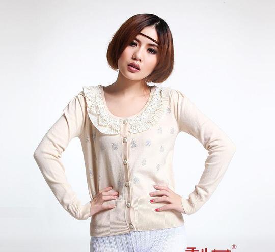 【梨花】2012秋季新品针织衫女开衫毛衣蕾丝拼接长袖日式v