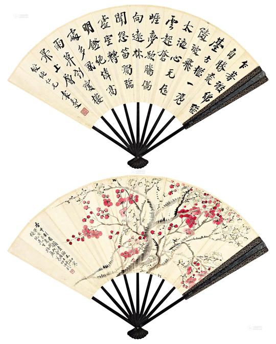 0387自作诗红绿双色梅成扇水墨设色纸本