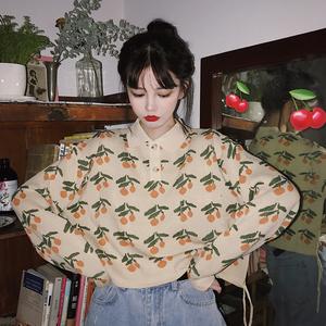 樱桃翻领针织衫女长袖polo领韩国短上衣泫雅风矮个子你微笑时很美
