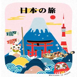 183日本旅游插画旅行手绘地图地标建筑招财猫海报背景矢量素材