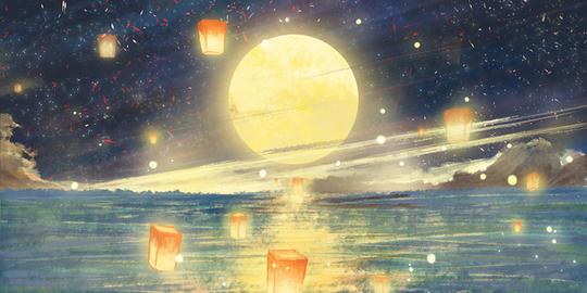 中秋中秋节河灯中元节风景唯美插画背景素材