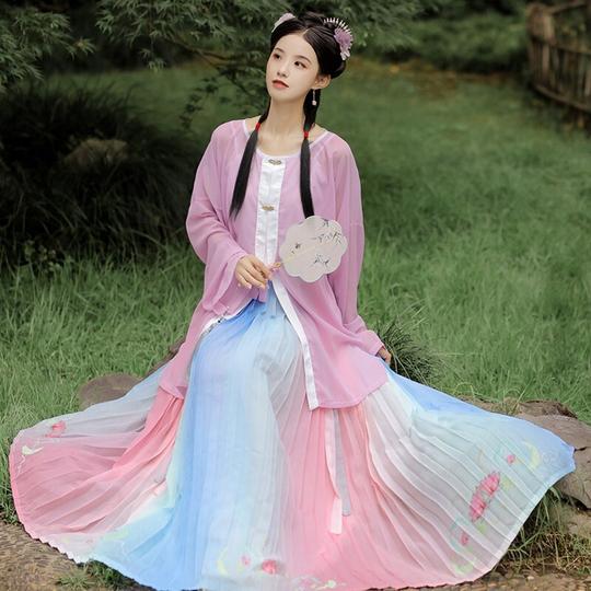 墨色芊华汉服女落雁中国风古装学生日常百褶裙圆领衫仙气夏季清新改良古装落雁紫色全套xl