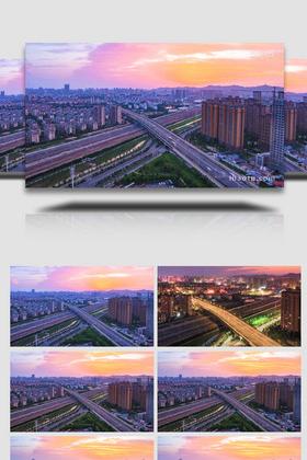 跨铁路公路桥梁日转夜交通车流延时实拍素材