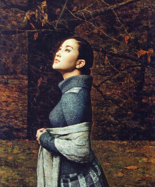 抬头看的端庄女子油画图片素材(编号:201310
