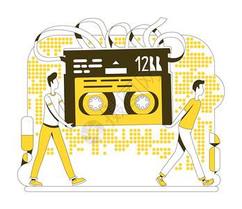 带磁2d卡通字符用于网络设计的人旧式数据存储装置老式技术创造想法录音带薄线概念矢量说明图片下载