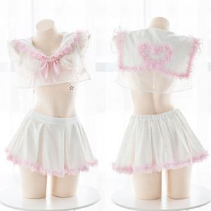 七了个三可爱透视制服粉色蜜桃少女心形蕾丝超短水手服内衣套装