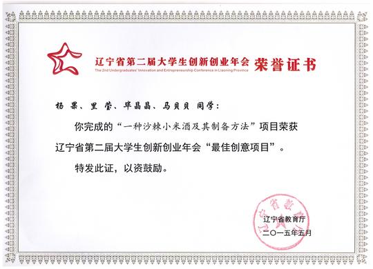 2015年辽宁省大学生创新创业年会学生获奖证书