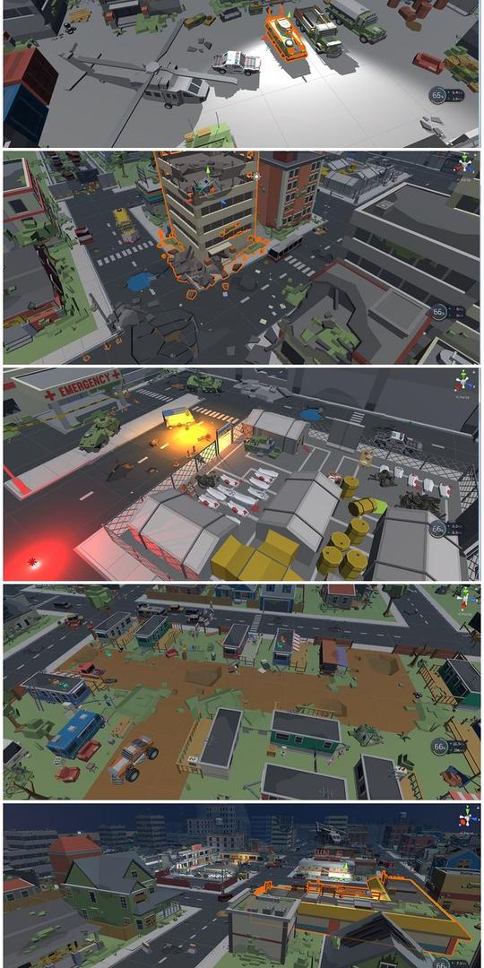 游戏美术素材unity3d低多边形场景q版卡通末日僵尸城市废墟飞机坦克大炮集装箱汽车物件3