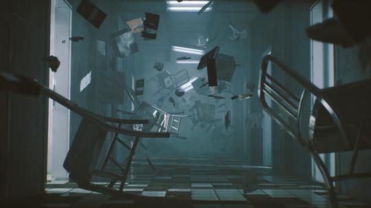 3d空间隧道纸屑凳子飞舞_3840x2160_高清视频素材下载