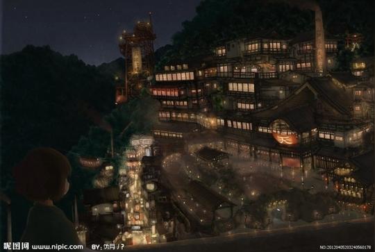 夜晚的灯火古风类似洪崖洞的场景插画
