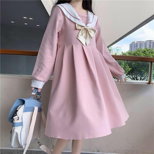 日系软妹jk制服水手服连衣裙女学院风海风海领闺蜜学生装长袖子夏秋季粉色长袖s