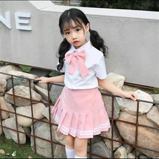 儿童jk制服粉色短裙日系学生班服学院风女生白衬衫百褶裙半身裙夏