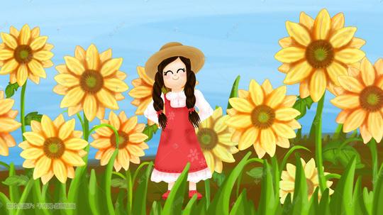春天夏天五一向日葵红裙草帽女孩手绘插画