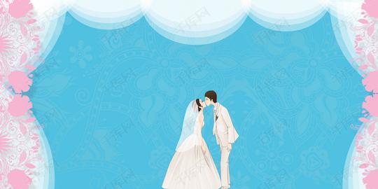 蓝色矢量插画新人婚礼背景素材