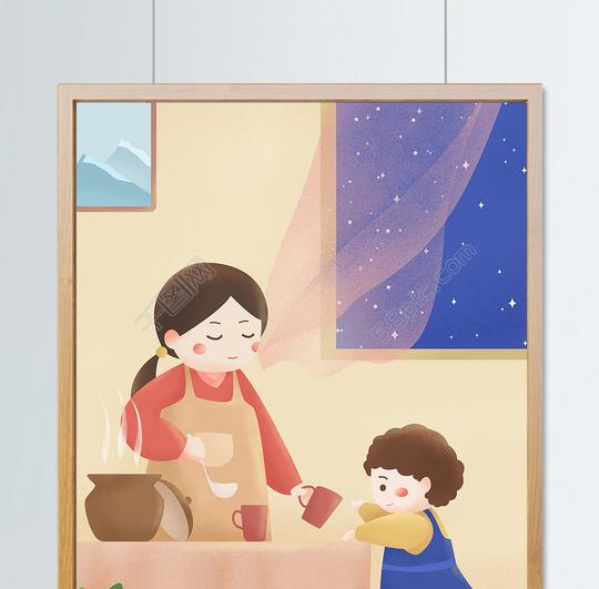 原创插画母亲节晚上温馨母亲给儿子盛汤水