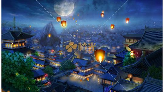 自绘古风城镇场景,包括晴天,夜晚,黄昏,下雪,雷雨五个