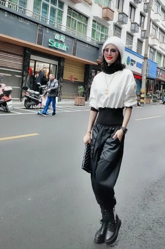 抖音同款ol白色宽松卫衣黑色束腰大口袋个性休闲裤低档裤春38008