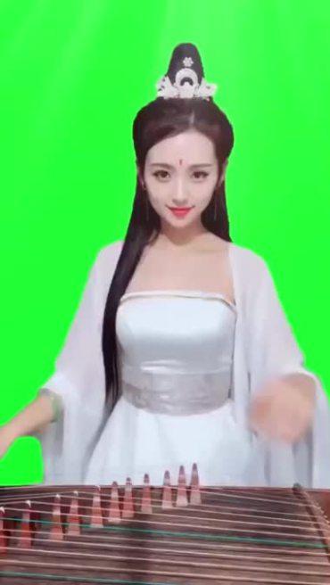 古装白衣美女弹奏古琴绿屏抠像特效视频素材01