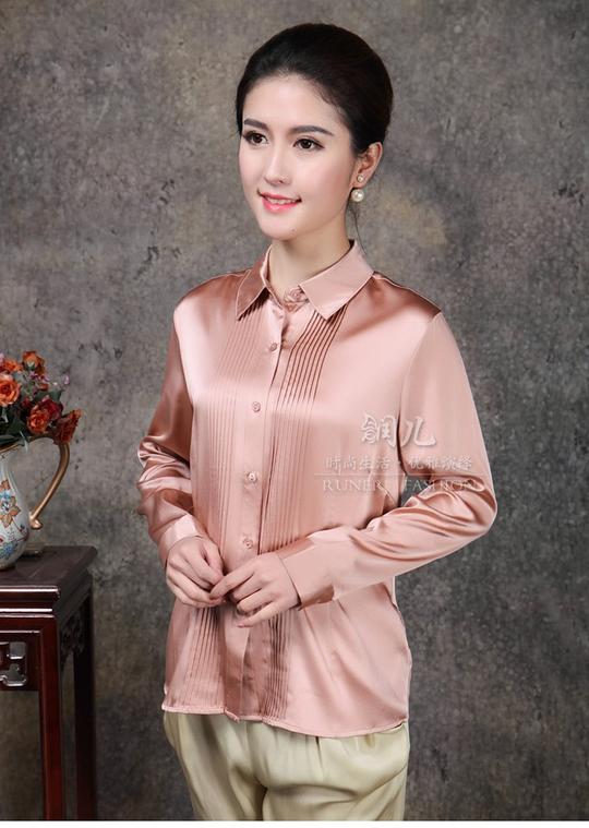 真丝上衣纯色中年女夏装新款桑蚕丝翻领衬衫开衫长袖妈妈装