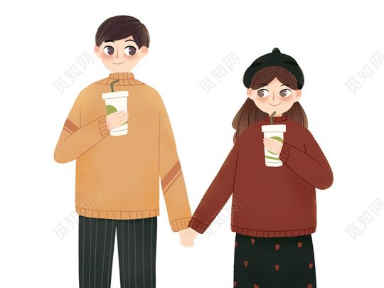 手绘情侣牵手喝奶茶情人节原创插画素材