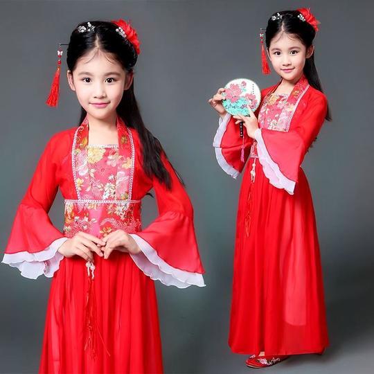 走秀少女儿童汉服女小孩中式风长裙小套装古典蒙古中学生演出服。